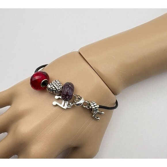 Music Note Charm Bracelet Silver Tone with Faux Leather Rope Family Purple Red - Picture 2 of 6